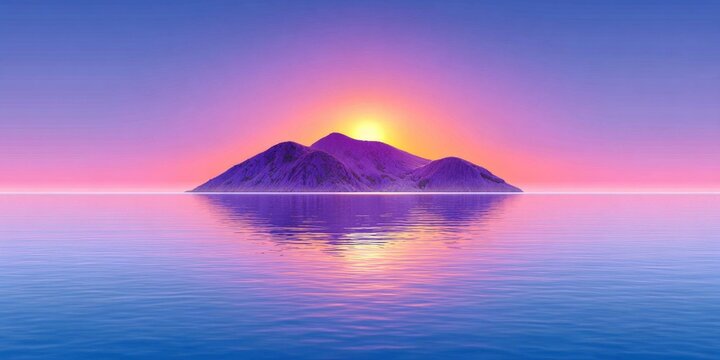 a realistic photo of a distant island under a vivid sunset sky at sea