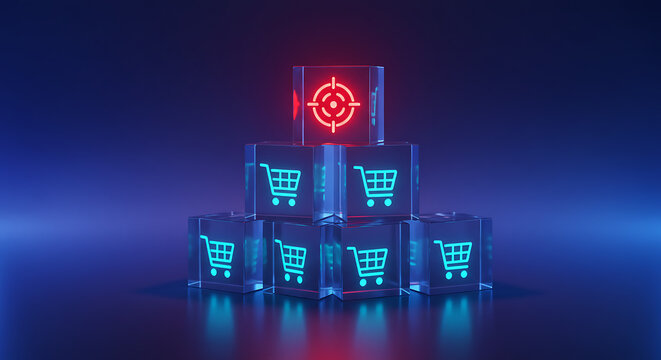 digital pyramid of shopping cart icons with red target symbol