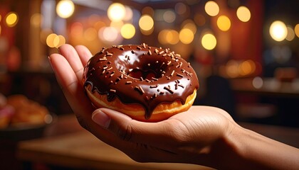 Hand holds chocolate frosted donut