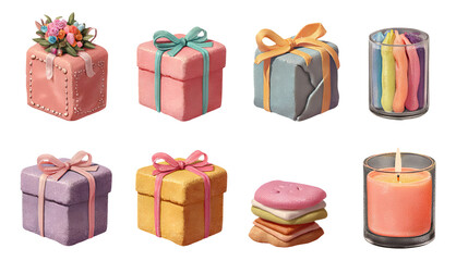 Obraz premium Colorful Gift Boxes and Decorative Candle on Transparent Background