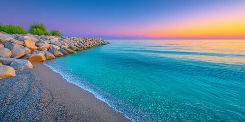 a realistic photo of a long exposure showing gentle sea movement during sunset