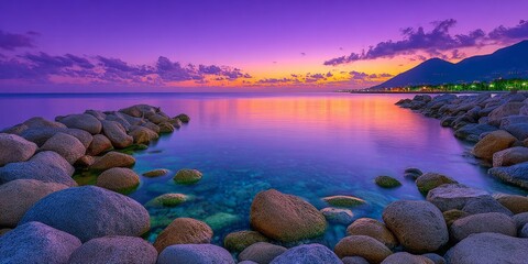 a realistic photo of a long exposure showing gentle sea movement during sunset