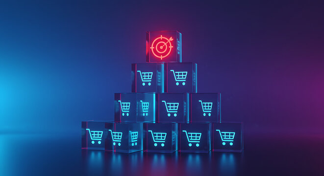 digital pyramid of shopping cart icons with red target symbol