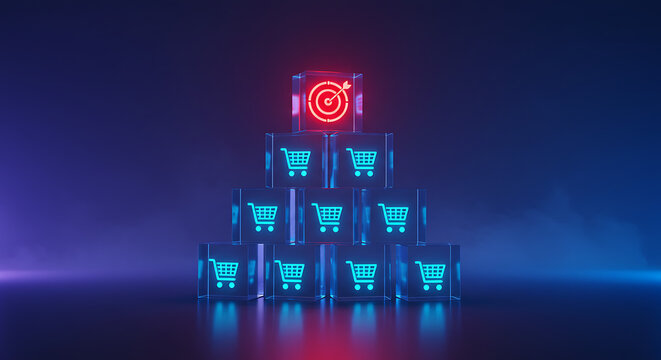 digital pyramid of shopping cart icons with red target symbol