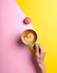 Hand holds coffee cup, macaron on vibrant pink & yellow