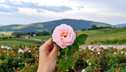 Hand holds delicate pink rose, mountain backdrop