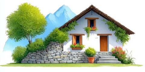 a watercolor painting of a rustic mountain border post with soft scenic hues