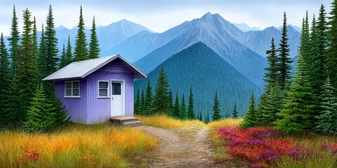 a watercolor painting of a rustic mountain border post with soft scenic hues