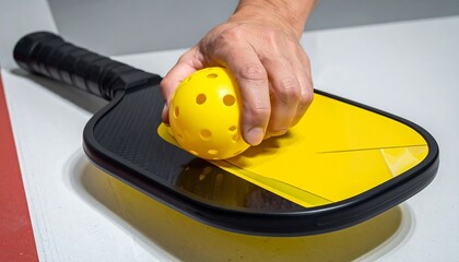 Hand holds yellow ball near paddle