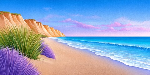 a watercolor scene of a breezy cliffside with ocean below and soft pastel skies