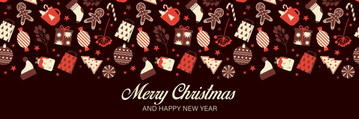 Beautiful Christmas pattern with ornaments. Christmas wrapping paper concept. Christmas background. Vector