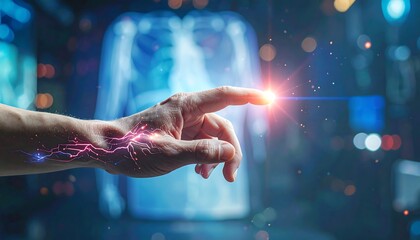 Hand interacts with holographic anatomical model