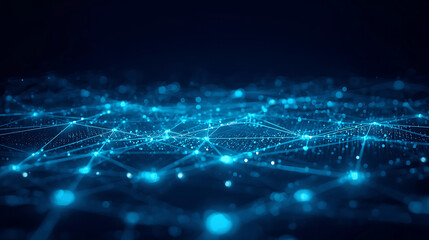 digital network mesh with glowing blue nodes on dark background for ai and data science