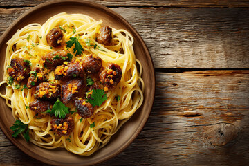 Pasta with Meatballs on Rustic Wood