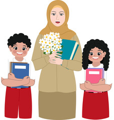 Illustration of Teacher with Students Holding Books and Flower