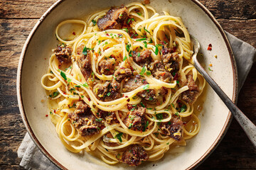 Linguine Pasta with Meat Sauce on Plate