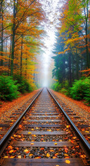 Obraz premium Railway track through autumn forest with colorful foliage and fog in the distance