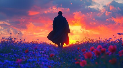 Obraz premium Person walks into vibrant sunset over a wildflower meadow. Silhouetted figure, rich colors