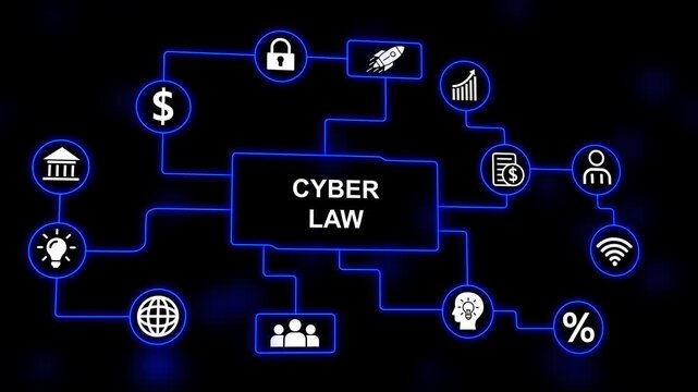 Cyber Law Cybersecurity Concept Flowchart with Icons and Neon Blue Lines on Black Background legal regulation