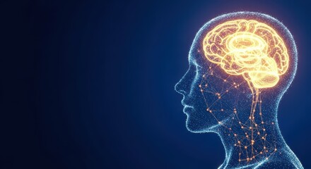 A glowing brain inside a profile of a human head with interconnected nodes on a blue background space
