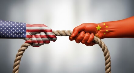 Hands painted with flags pulling rope in tug of war concept representing us china relations tension