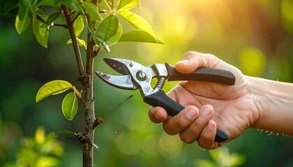Hand pruning a young tree branch