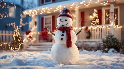 Obraz premium A cheerful snowman with a red scarf and hat stands in a snowy yard in front of a house decorated with festive Christmas lights.