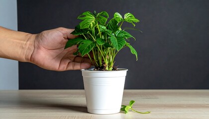 Hand touching a small plant in a white pot
