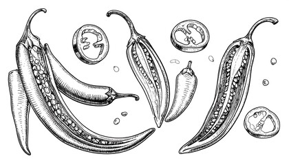 Hand-drawn chili peppers, slices