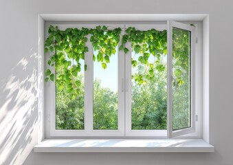 Green vines drape over an open window framing a sunlit forest scene.