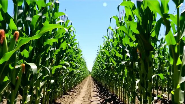 Scenic cornfield on a bright day showcases a vibrant landscape perfect for backgrounds and