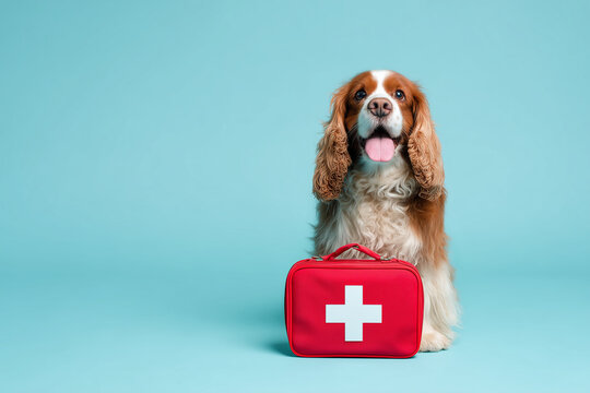 dog with red first aid kit sits against blue background, showcasing playful and caring spirit. This captures essence of pet safety and health awareness