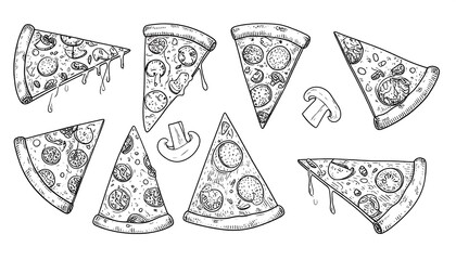Hand-drawn pizza slices, various toppings