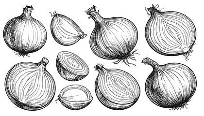 Hand-drawn sketch of various onions, whole and sliced