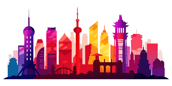 A vibrant, colorful silhouette of a modern city skyline, showcasing diverse architectural landmarks against a gradient backdrop, perfect for urban themes and travel.