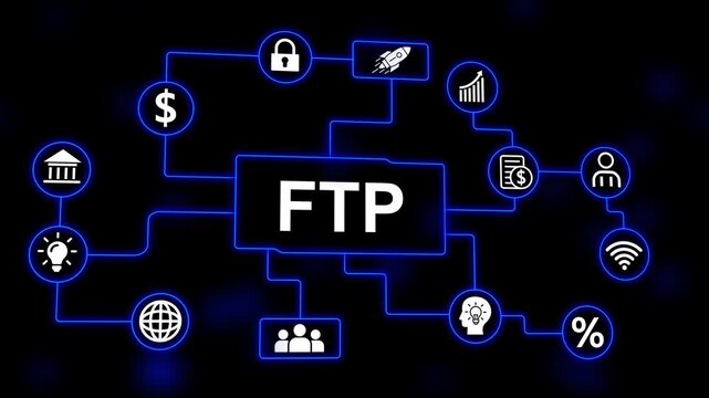 FTP File Transfer Protocol diagram with interconnected icons on a dark background network connection
