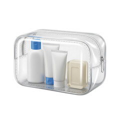 Clear toiletry bag filled with essential travel size toiletries and cosmetics for on-the-go convenience