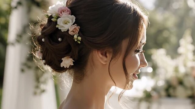 Elegant Bride's Floral Hairstyle: Wedding Day Beauty and Grace