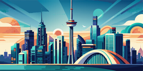 Obraz premium Dynamic Toronto cityscape with CN Tower, modern skyscrapers, and waterfront. Stylized illustration for Canadian travel, urban development, and architectural themes.