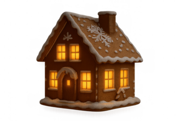Gingerbread christmas house with glowing windows and icing decorations, cozy holiday treat on transparent background