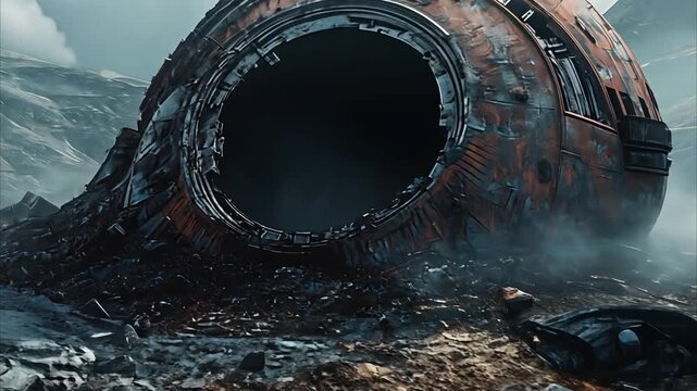 Rusty spherical structure on alien landscape