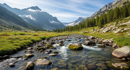 Scenic mountain landscape with a clear river flowing through a lush green meadow, surrounded by towering peaks and a blue sky with clouds