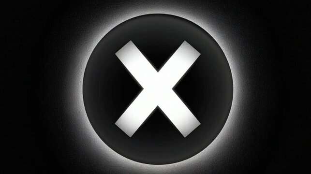 Glowing white X symbol on a dark circular button with halo effect cross mark