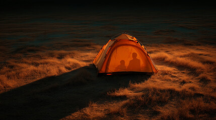 Father and daughter shadows in camping tent