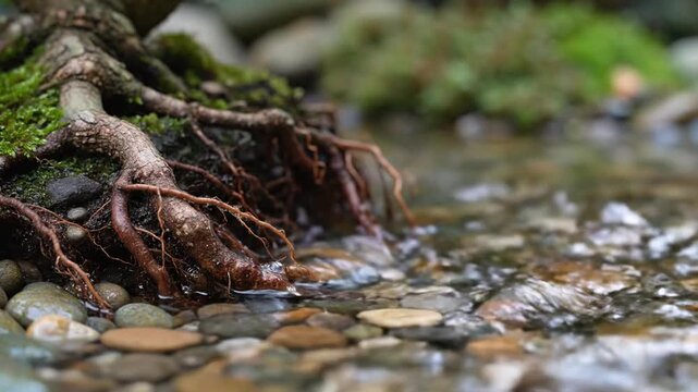 Dynamic Flowing Water Gently Cascading Over Ancient Mossy Tree Roots and Smooth River Pebbles