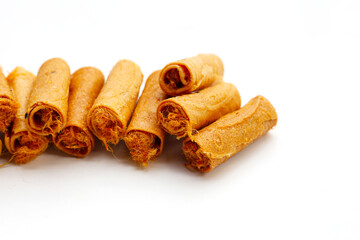 Rolled crispy wafers filled with shredded pork floss, Thai snack.