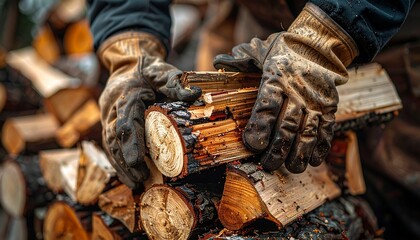 Hands in gloves arranging firewood