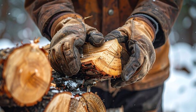 Hands in leather work gloves arrange firewood outdoors