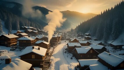 Serene winter village nestled in snowy mountains at golden hour, smoke gently rising from chimneys creating a cozy atmosphere - Powered by Adobe