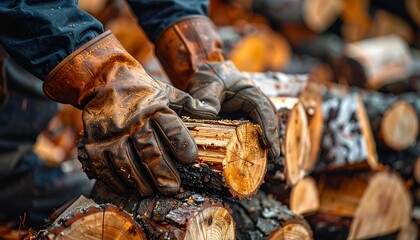 Hands in worn leather gloves stack firewood